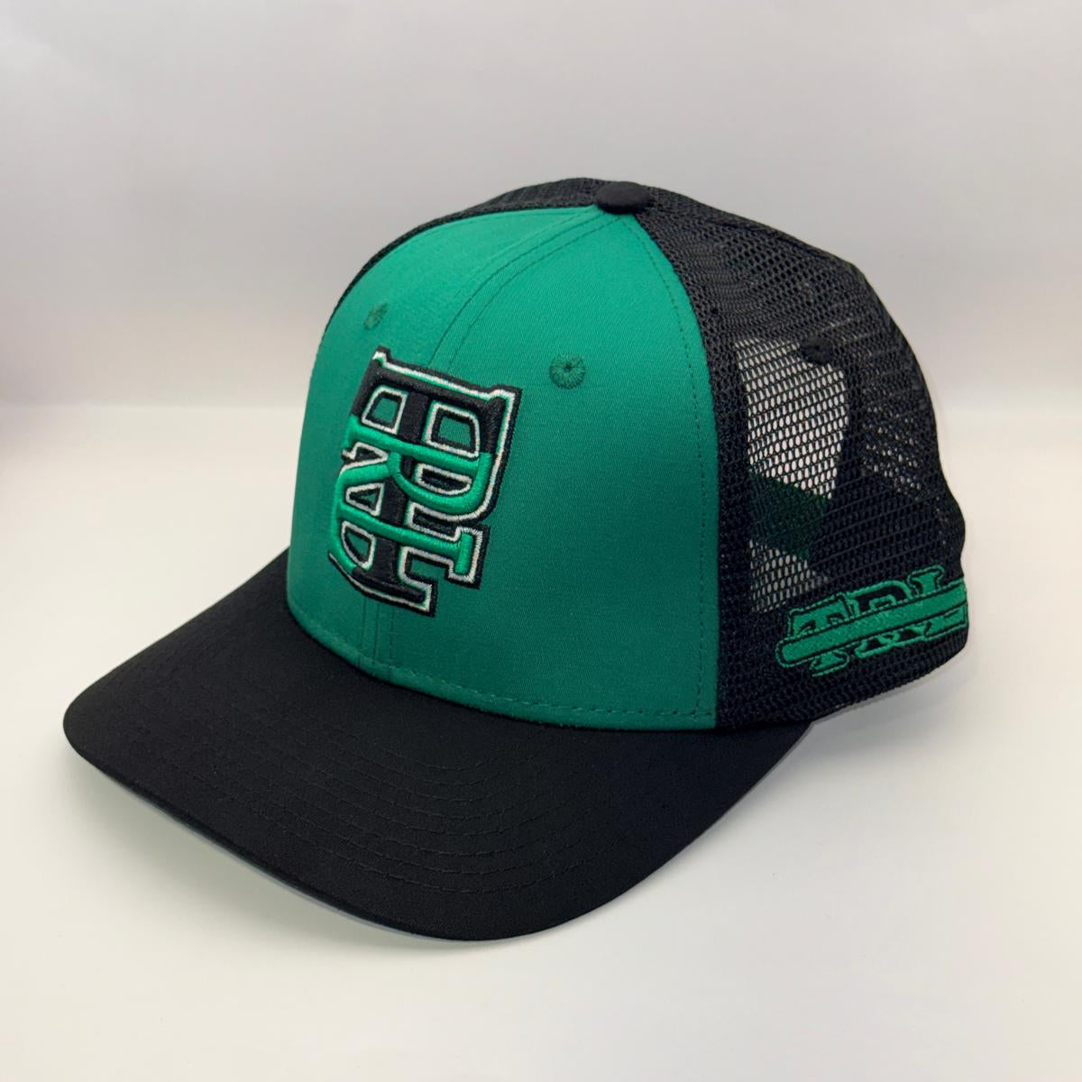 A green and black trucker-style baseball cap with a curved brim, featuring a green front panel with a black and green embroidered 'BB' logo, black mesh back panels, and green branding on the side.